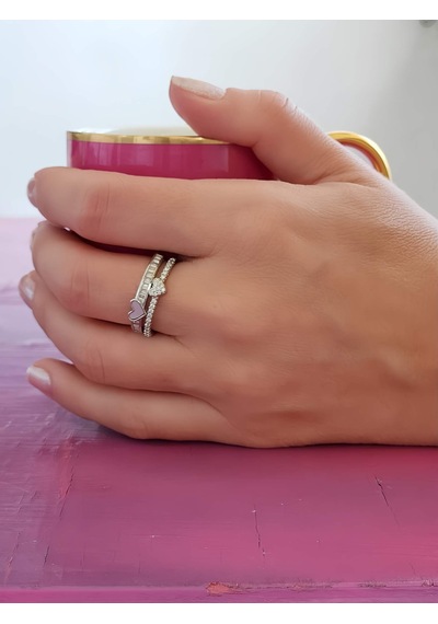 Eva Takı Store İki Sıralı Sedefli Kalp Tam Tur Model Taş Model Ayarlanabilir Silver Renk Çelik Yüzük Silver
