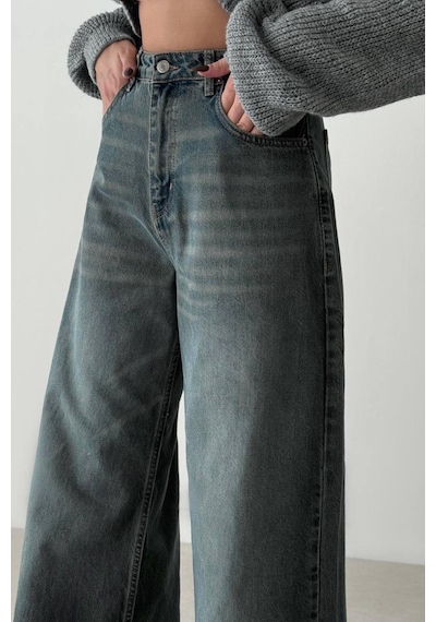 Lacarino 7637 Elephant Leg Kadın Jean Pantolon Green Tint