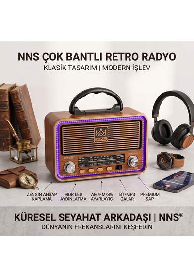 Retro Ahşap Tasarım Nostaljik Radyo Bluetooth Hoparlör Çok Bantlı Fm/am/sw Led Işıklı Taşınabilir Müzik Çalar