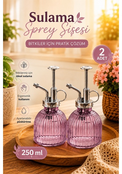 Porsima 15731 2'li Cam Sprey Şişe Seti 250 Ml Mor Cam Çiçek Bitki Sulama Püskürtücü & Sprey Yağdanlık