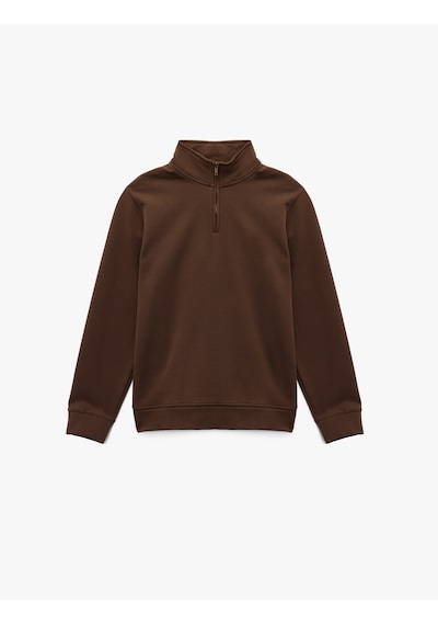Koton Pamuklu Uzun Kollu Yarım Fermuarlı Dik Yaka Sweatshirt Kahverengi 6wam70219mk Kahve