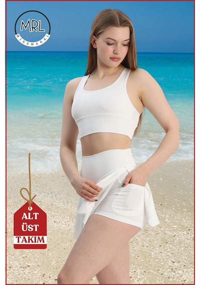 Missmaral Kadın Alt-üst Takım Şort & Crop Denizde Havuzda Sporda Casual/ Günlük Kullanım Ekru Tk3107 Ekru