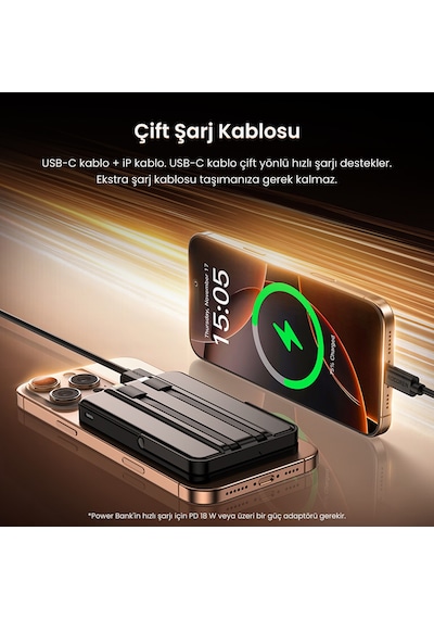 Rocoren 10000mah Magsafe 15w Kablosuz Powerbank Lightning Ve Type-c 22.5w Kablolu Standlı Taşınabilir Hızlı Şarj Cihazı siyah