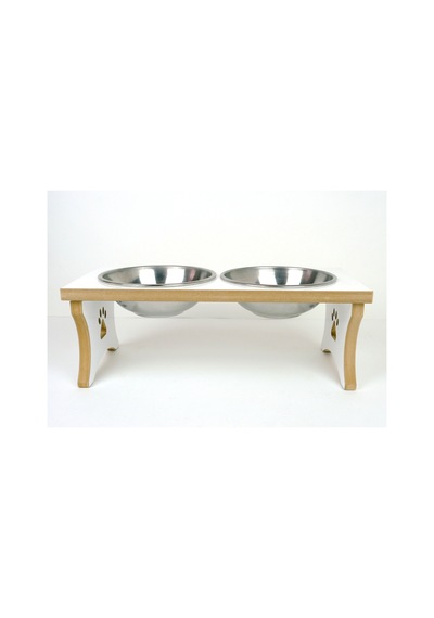 Köpek Su Ve Mama Kabı Standı - Büyük Irk - Beyaz Mdf - 2'li Model - Çelik Kase - 2 1000ml