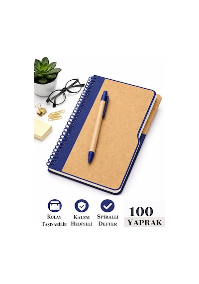 Lacivert Sert Kapak Çizgili Defter 100 Yaprak 1 Adet Kalem Hediyeli Lastikli Defter Spiralli Günlük Kullanım Not Defteri