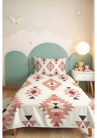 Etnik Geometrik Pudra Genç Odası Tek Kişilik Pike Takımı - Bohem Antrasit 160x220 Cm Yatak Örtüsü Ekru
