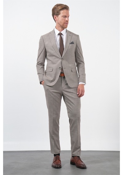 İmza Kahverengi-beyaz Mono Yaka 6 Drop Slim Fit Tam Astar Esnek Takım Elbise 1001260172 Kahverengi - Beyaz
