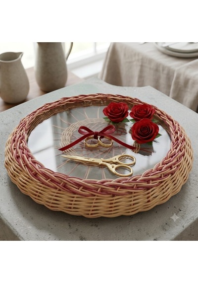 Handanrattan El Örgüsü Dekoratif Rattan Tepsi - 38 Cm Bohem Sunumluk Vişne&doğal