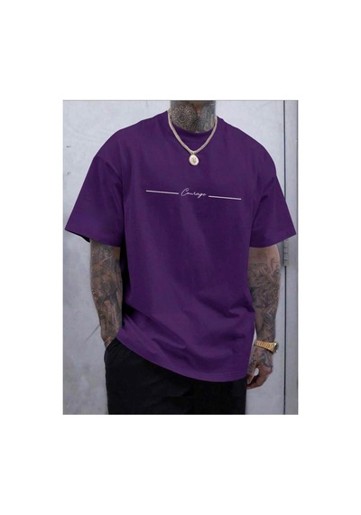 Medinenur Cousage Yazı Detaylı Basic T-shirt Mor