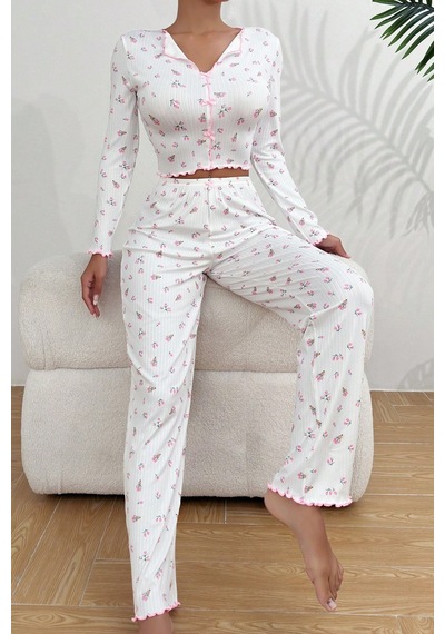 Merry See Baskılı Özel Kumaş Pijama Takımı Beyaz