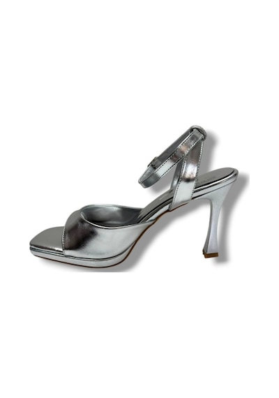 Erbay 603-26 Parlak Simli Deri Tek Bant Topuklu Kadın Sandalet 10cm Gümüş