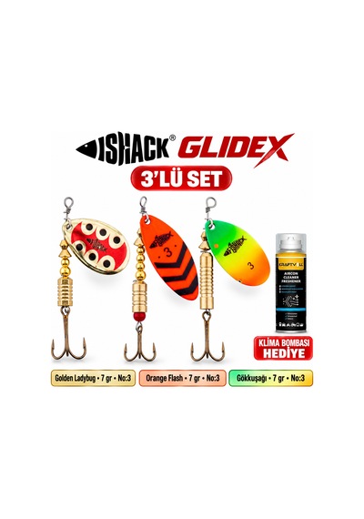 Fishack Glidex 3'lü Döner Kaşık Seti + Klima Bombası - Golden Ladybug 7 Gr No:3 + Orange Flash 7 Gr No:3 + Gökkuşağı 7 Gr No:3