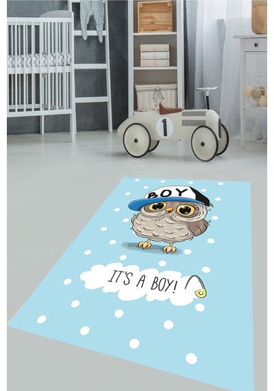 Dijital Baskılı Mavi It's A Boy Desen Dekoratif Yıkanabilir Kaymaz Taban Çocuk Halısı Çok Renkli