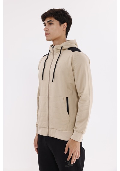 Rowinger Omuz Panel Detaylı Fermuarlı Kapüşonlu Erkek Sweatshirt Beıge
