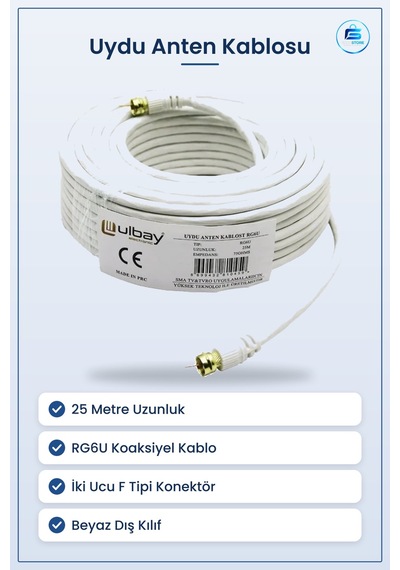 Uydu Anten Kablosu 25 Metre Beyaz Koaksiyel Uzatıcı Kablo Rg6u Tv