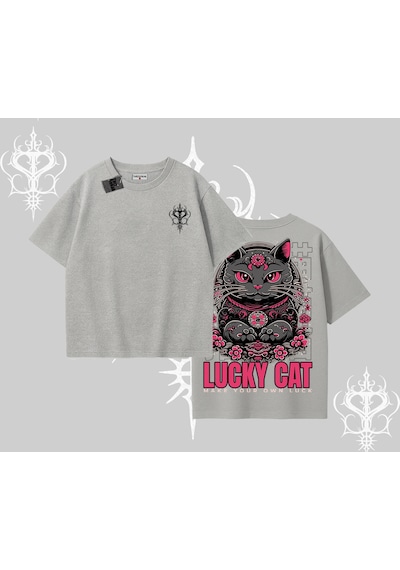 Tarzsokak Lucky Cat Japon Tarzı Kedi Baskılı Oversize Tshirt Gri