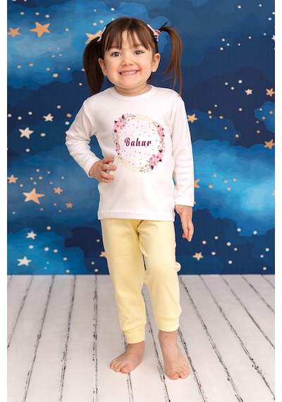 Pia Baby İsimli Kız Çocuk Pijama Takımı %100 Pamuk Penye İsme Özel Baskılı Kişiselleştirilebilir Pijama Seti 20232s14pi Krem