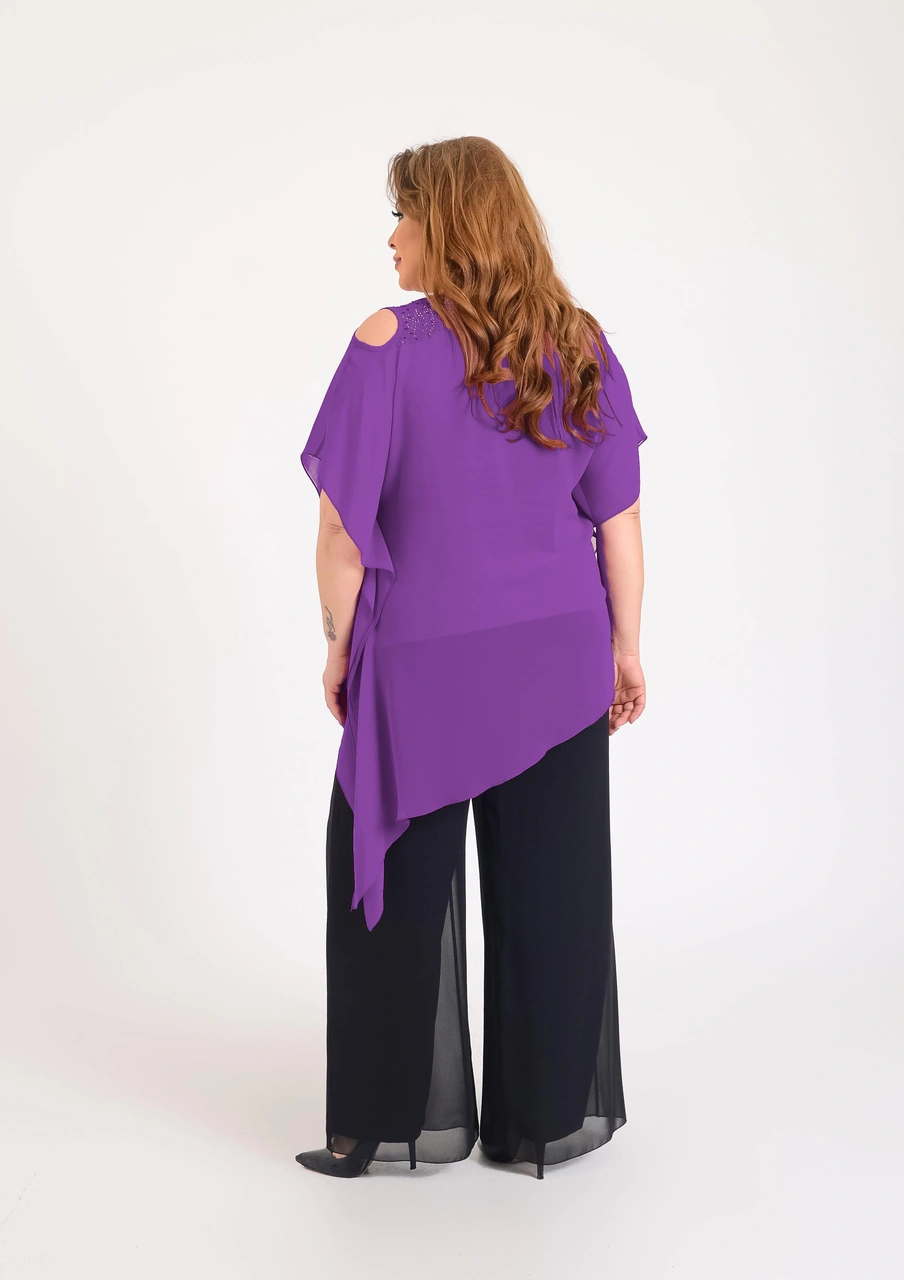 Lilas Xxl Büyük Beden Mürdüm Renkli Asimetrik Kesim Şifon Bluz Koyu Mürdüm