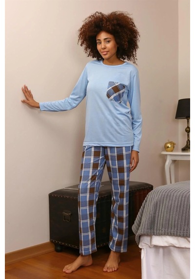Kadın Uzun Kol Penye Pijama Takım Mavi Mavi