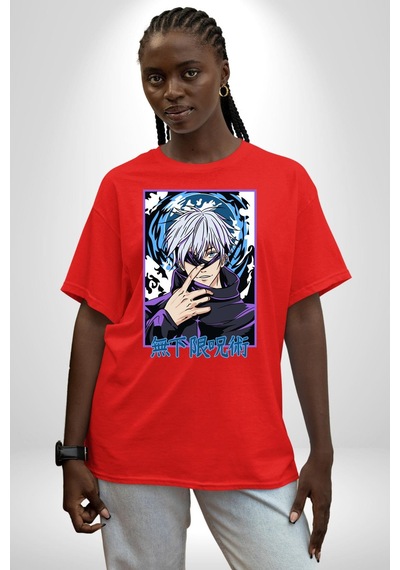Jujutsu Vintage Washed - Megumi Gojo Anime Manga Pamuklu Bisiklet Yaka Unisex Oversize Boyfriend Dijital Baskılı Kırmızı T-shirt Kırmızı
