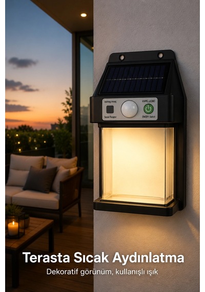 Güneş Enerjili Sensörlü Solar Aplik Dış Mekan Kapı Bahçe Teras Duvar Aydınlatma Sarı