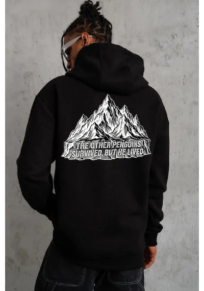 Tarzyeri Erkek Nihilist Penguen Temalı Oversize Kapüşonlu Sweatshirt - Siy Siyah