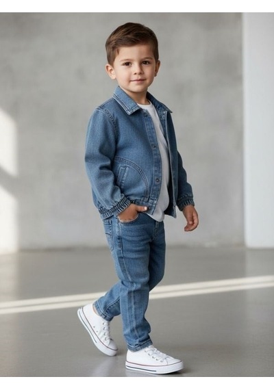 Zekids Erkek Bebek Tasarım Kot Ceket-17214 Mavi