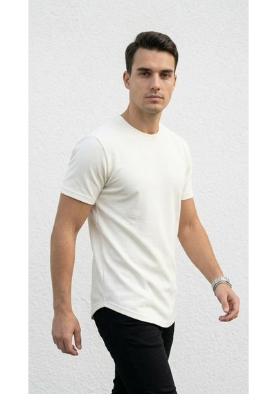 Plus Scorpion Erkek Slim Fit Basic Tişört Esnek, Terletmeyen Pike Dokulu Kumaş Ekru