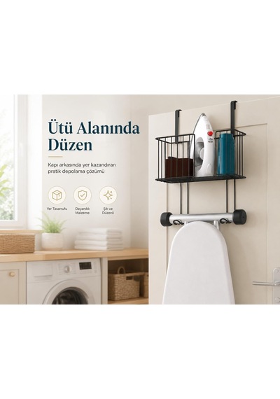 Alper Banyo Kapı Arkası Ütü Masası Askılığı Siyah, Sepetli Kapı Arkası Düzenleyici, Delmeden Kullanımlı Ü