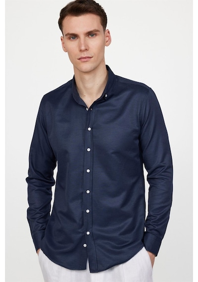 Tudors Slim Fit Uzun Kollu Düğmeli Yaka Pamuklu Kolay Ütü Düz Erkek Gömlek-19562 Lacivert