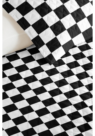 Siyah Geometrik Genç Odası Tek Kişilik Pike Takımı - Modern Ekose 160x220 Cm Kapitone Yatak Örtüsü Dokulu Dere Baharı