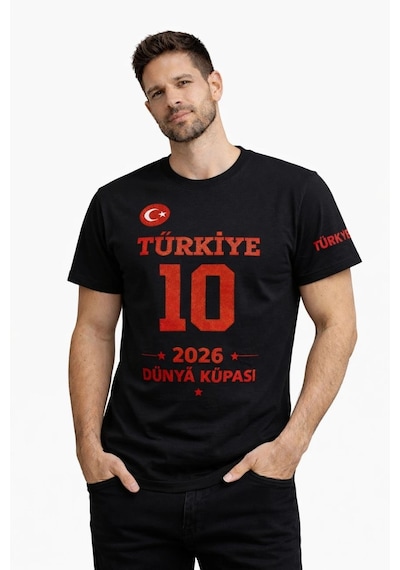 Novalisse Erkek Türkiye Baskılı Tişört 2026 Dünya Kupası Taraftar Forma T-shirt - Siyah Çoklu Renk