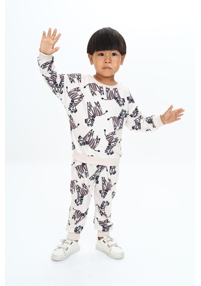 Lolliboomkids Unisex Çocuk Ekru Renk Zebra Desen 2 İplik Eşofman Takımı Krem