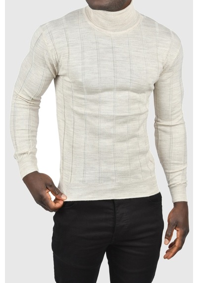 Deepsea Erkek Bej Slim Fit Likralı Tam Balıkçı Yaka Çizgili Boğazlı Kazak 2505504 Bej