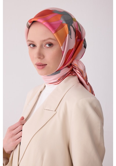 Çiçek Desen İpek Twill Eşarp - 2026 İlkbahar-yaz T 4303 Pembe