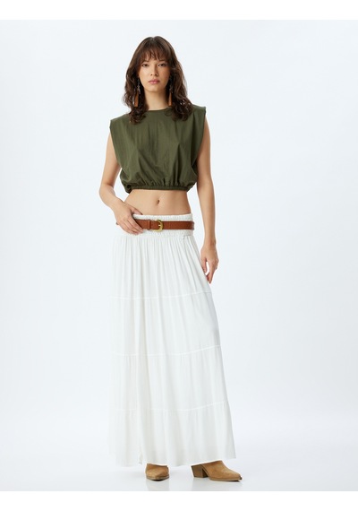 Koton Crop Kolsuz Bluz Bisiklet Yaka Beli Lastikli Viskon Kumaş Haki 4sak70097ek Haki