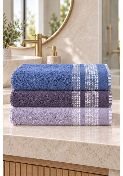 Çift Şerit Desenli Havlu 50x90 Cm 3 Lü Set - Lavender Tide Çok Renkli
