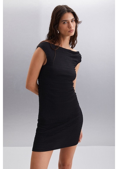Ethıquet Innsa Kadın Bürümcük 3 Boyutlu Kumaşlı Tek Omuzlu Bodycon Siyah Elbise
