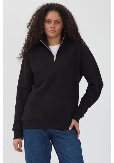 Polostate Unisex Regular Fit Rahat Kesim Pamuklu Içi Polarlı Yarım Fermuarlı Siyah Dik Yaka Sweatshirt Siyah