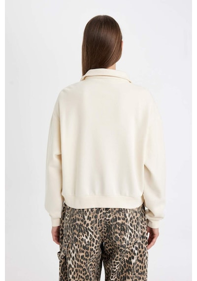 Defacto Regular Fit Baskılı Yarım Fermuarlı Dik Yaka Kalın Sweatshirt D5298AX24AUBG759 Bej