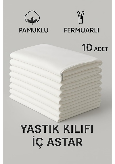 Pamuklu Fermuarlı İç Yastık Kılıfı 10'lu Set Beyaz 50x70 Cm Diğer