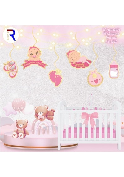 Premium Oda Aydınlatma Bebek Hediyesi Çocuk Odası Hoşgeldin Bebeğim Pembe Tavan Sarkıt Çok Renkli