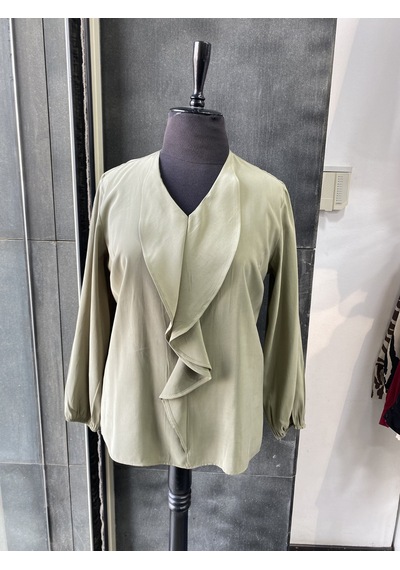 Pera Moda Büyük Beden Önü Fırfırlı Modal Bluz Gömlek Çağla