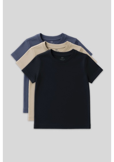 Standart Fit Basic O Yaka 3lü Paket Lacivert-bej-koyu Mavi Unisex Çocuk T-shirt - 11328 Lacivert - Beyaz