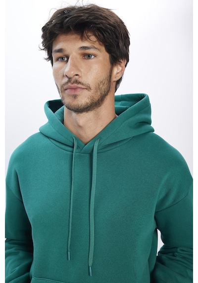 Tudors Unisex Oversize Geniş Kesim Pamuklu Yumuşak Dokulu İçi Polarlı Basic Yeşil Kapüşonlu Sweatshirt-31458-yeşil Yeşil