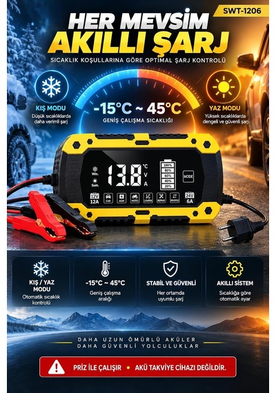 Tr Akıllı Akü Şarj Cihazı 12v 12a / 24v 6a, 4ah-200ah Lcd Ekranlı Akü Bakım Cihazı, Kış Yaz Modu, Pulse Repai