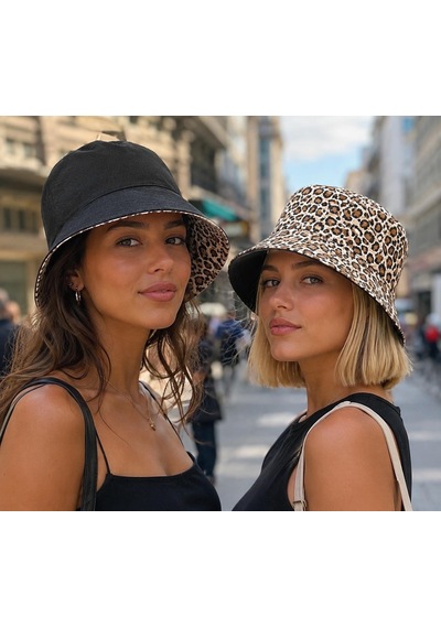 Valkyrie Çift Taraflı Leopar Desenli Siyah Kova Şapka Unisex Reversible Bucket Günlük Yazlık Şapka Kahverengi