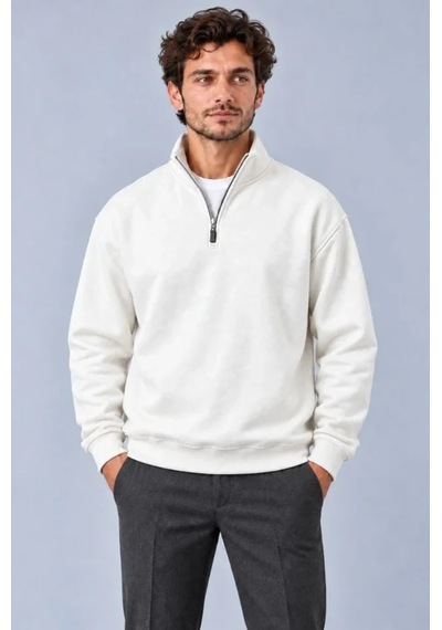 Butik İstanbul Erkek Üç İplik İçi Şardonlu Dik Yaka Yarım Fermuarlı Kışlık Sweatshirt - Beyaz