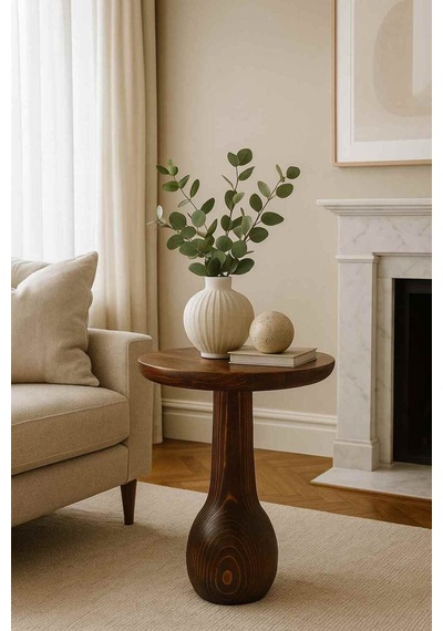 Masif Ahşap Meşe Renk Tekli Yan Sehpa Dekoratif Mantar Sehpa - Coffee Table Meşe