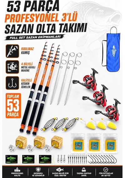 Profesyonel 3 Lü Sazan Olta Takımı - 3.60mt- Kırılmaz Kamış Metal Kafa Makine